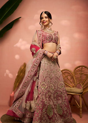 alt message - Mohey Women Exquisite Dusty Light Pink Velvet Crop Top Lehenga with Embroidery image number 0